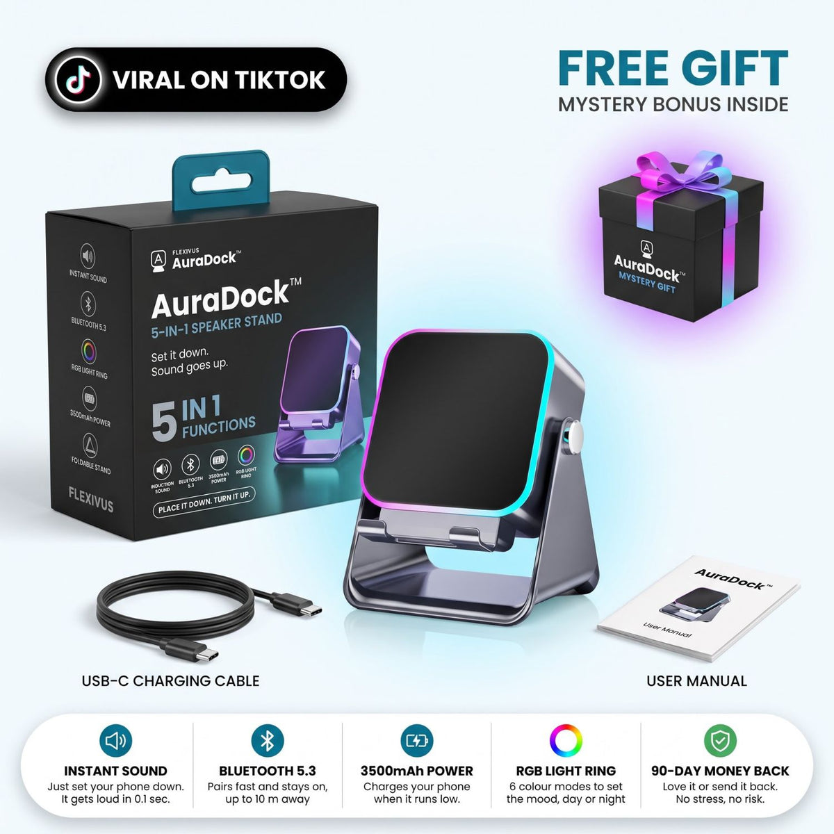 Flexivous AuraDock™ - 5-in-1 Foldable Bluetooth Speaker & Phone Stand